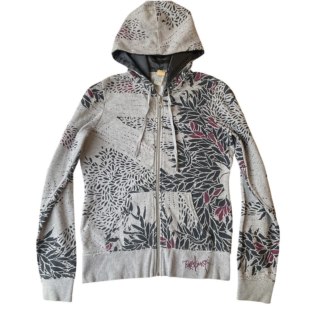 Billabong Women Hoodie Jacket L Gray Floral Fleece Full Zipper Logo Long Sleeve
